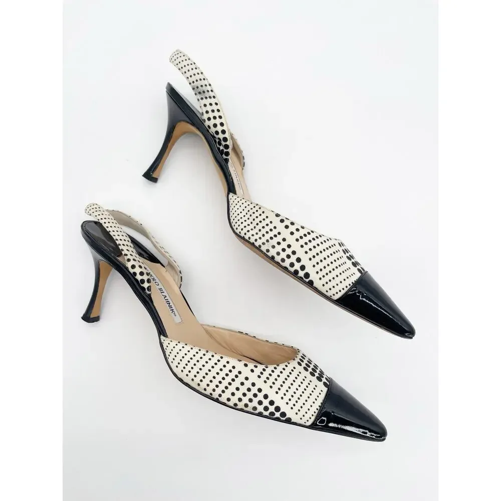 Manolo Blahnik Vintage Black White Polka Dot Cap Toe Slingback Heels IT 42